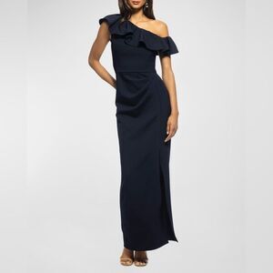 NWT SHOSHANNA MIDNIGHT women’s black One-Shoulder Ruffle Crepe Column Gown sz 2